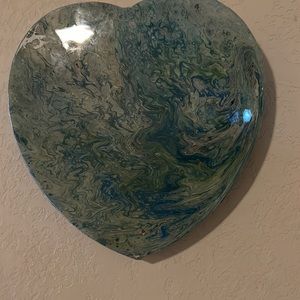 ACRYLIC Hand painted resin heart. Green paint pour. Unfinished. Small fl…